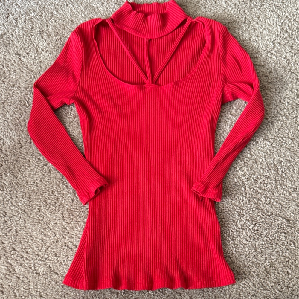 Boston Proper Red Ribbed Long Sleeve Top